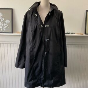 London Fog Black Hooded Trench Coat Toggle Clasp Long Raincoat LG/XL